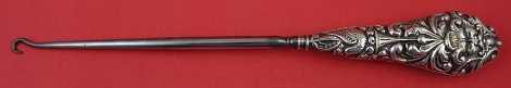 Button Hook w/ figural bird and face - some dents and a hole, implement is steel Birmingham 1903 WJH= William J. Holmes 10 3/4